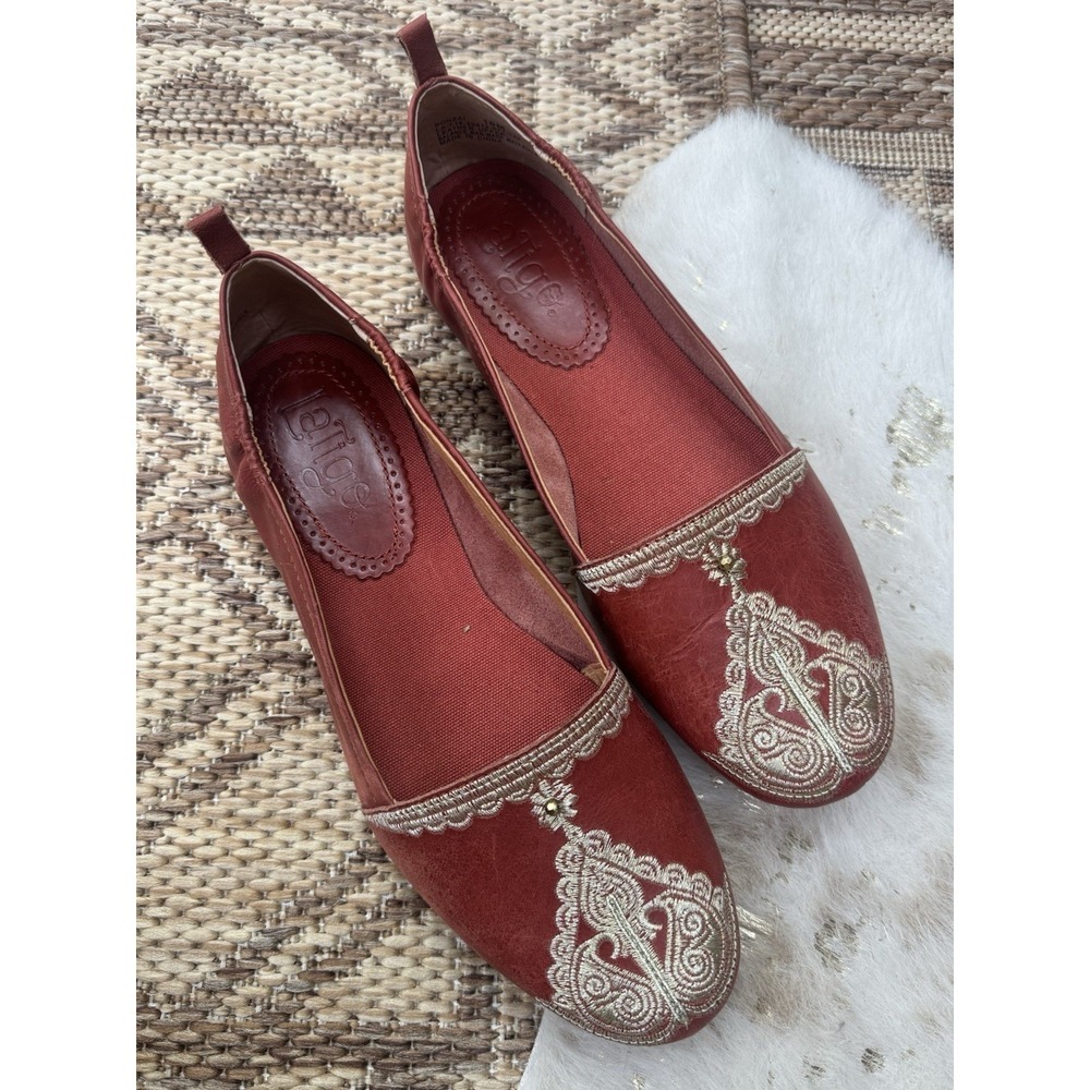 LATIGO Bonzai Leather Embroidered Ballet Flats 10 Red Copper Gold Anthropologie
